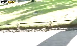 nice curly dark haired Leonora shows her knockers in park