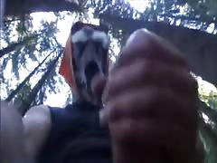 Amazingly sexy masked chick is sucking my dick in the forest